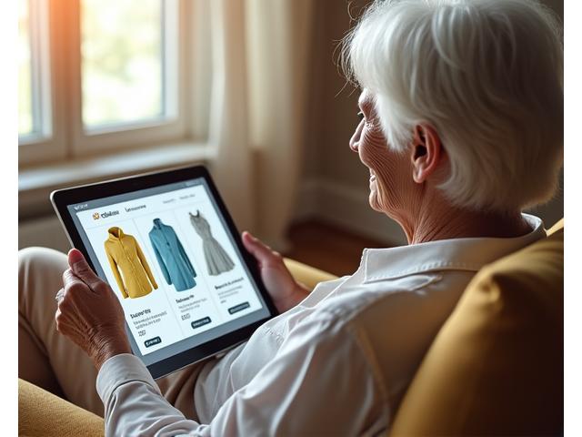 Persona mayor sonriente navegando en una tienda online en su tablet, con productos visibles y un carrito de compra virtual.