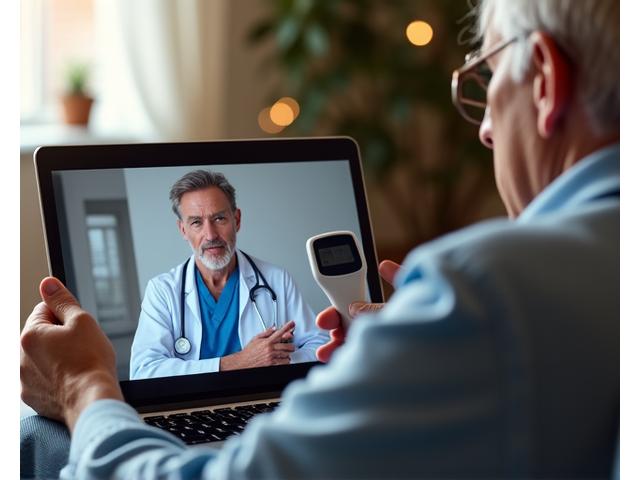 Anciana en una videoconsulta médica, con una pantalla que muestra al doctor y ella sosteniendo un termómetro.