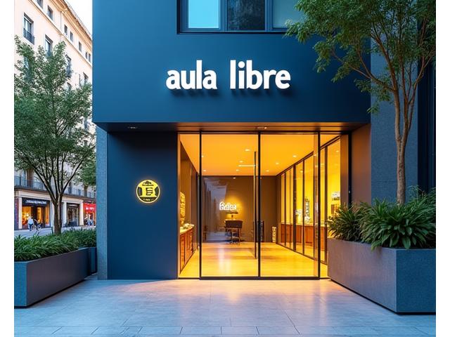Entrada de la oficina de Aula Libre en Madrid, con un diseño moderno y acogedor.