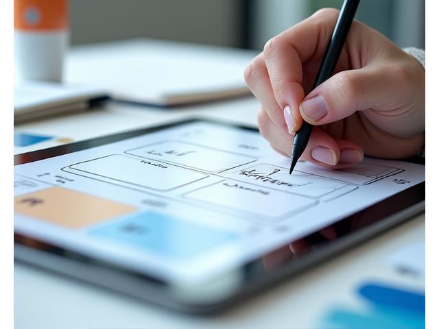 Manos diseñando una interfaz de usuario en una tableta, representando UX/UI.